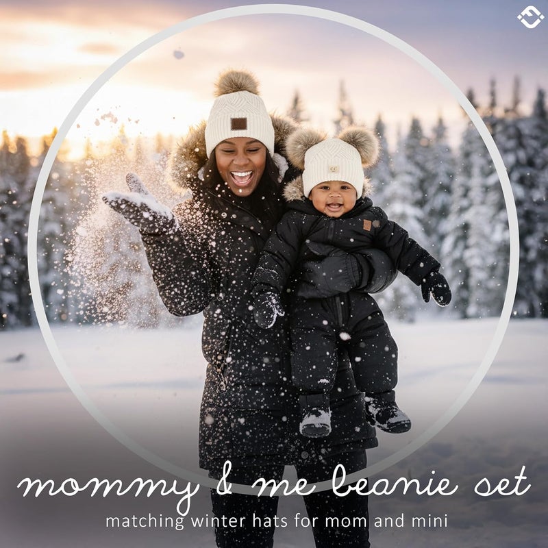 Funky Junque Mommy & Me Double Pom Beanies – Mama & Mini Matching Winter Outfits, Mom & Infant Baby Girl Beanie Hat Set - Image 2